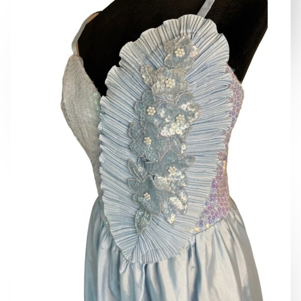 Alyce Designs 70s Vintage Sequin‎ Blue Gown Sweetheart Neckline Tulle Lined - Picture 2 of 12
